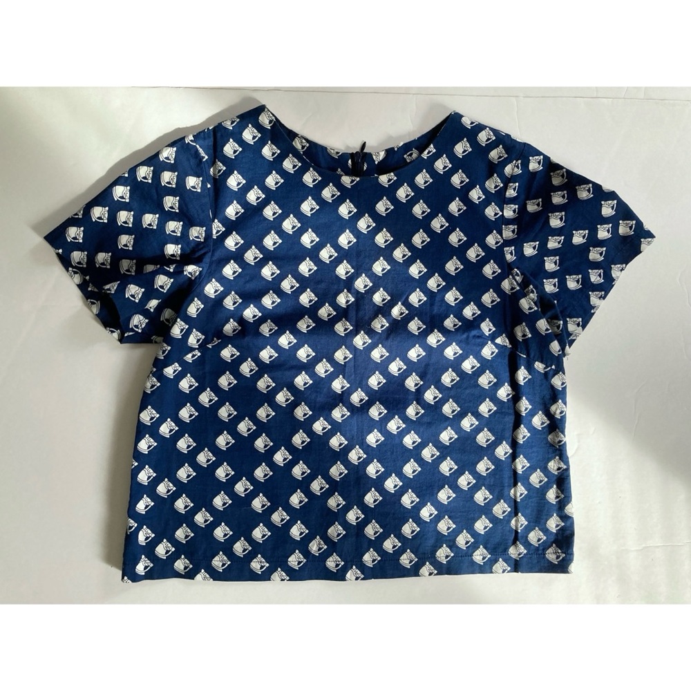 Vintage 90s Equine Pattern Cotton Royal Blue & White Cropped Shirt Womens 4/6